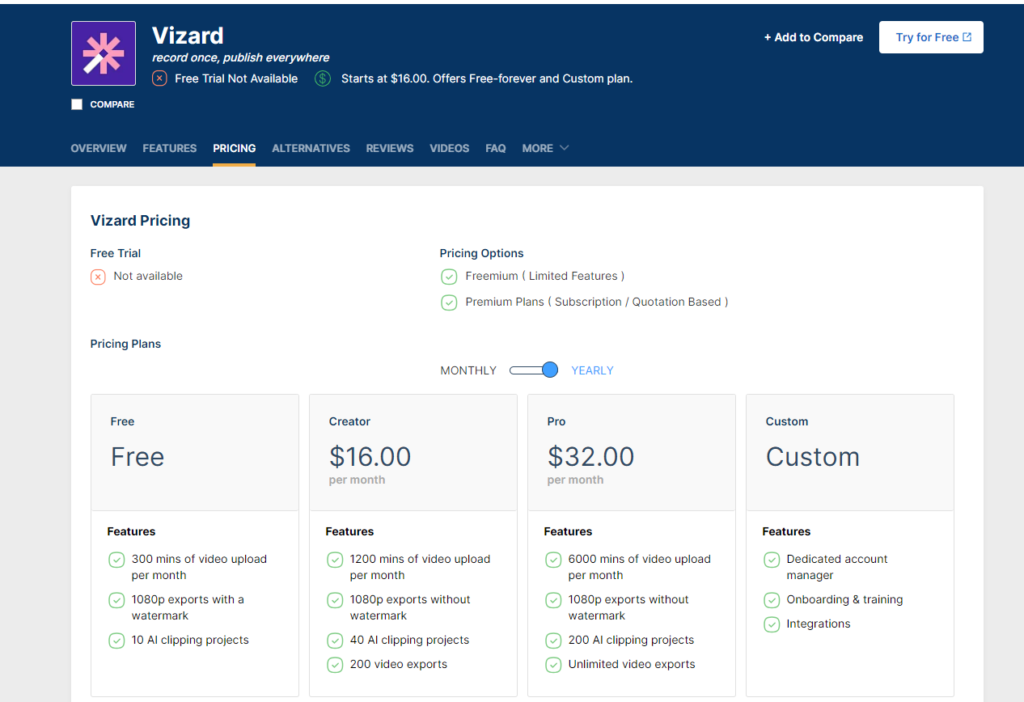 Vizard AI Pricing Plans